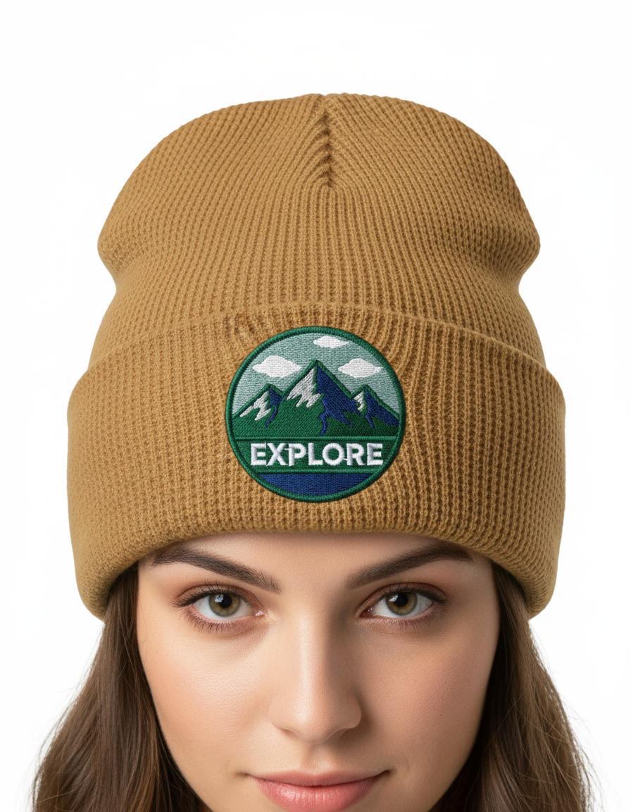 Beanie with Embroidered Logo - Worn by Woman