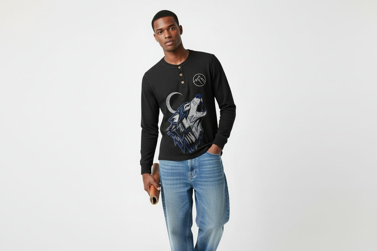 Black henley - medium chest logo, large centered back embroidery