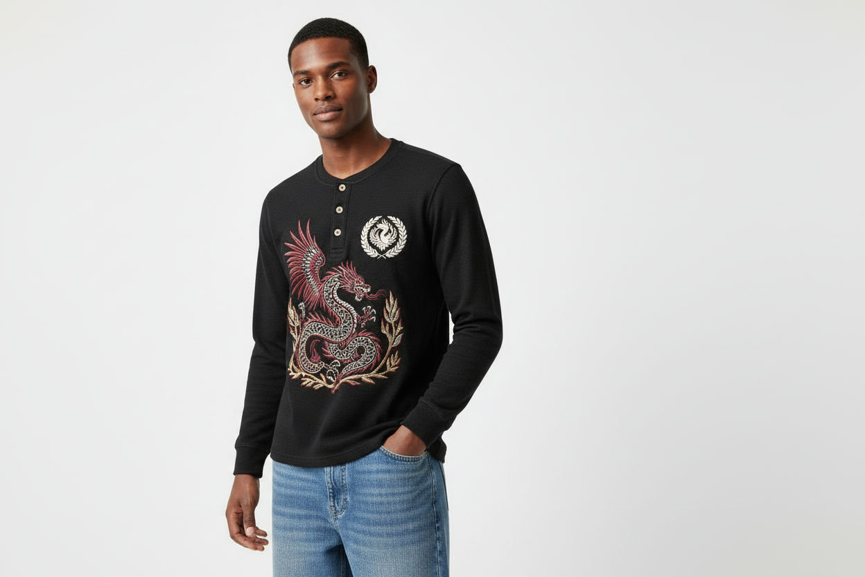 Black henley three-quarter view - large front logo, oversized centered back embroidery