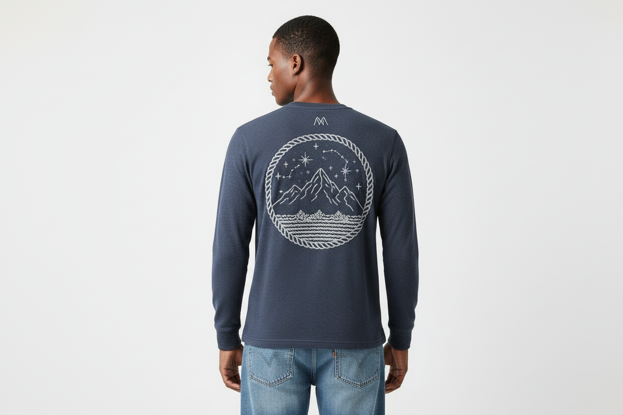 Navy henley back view - large embroidery centered on back